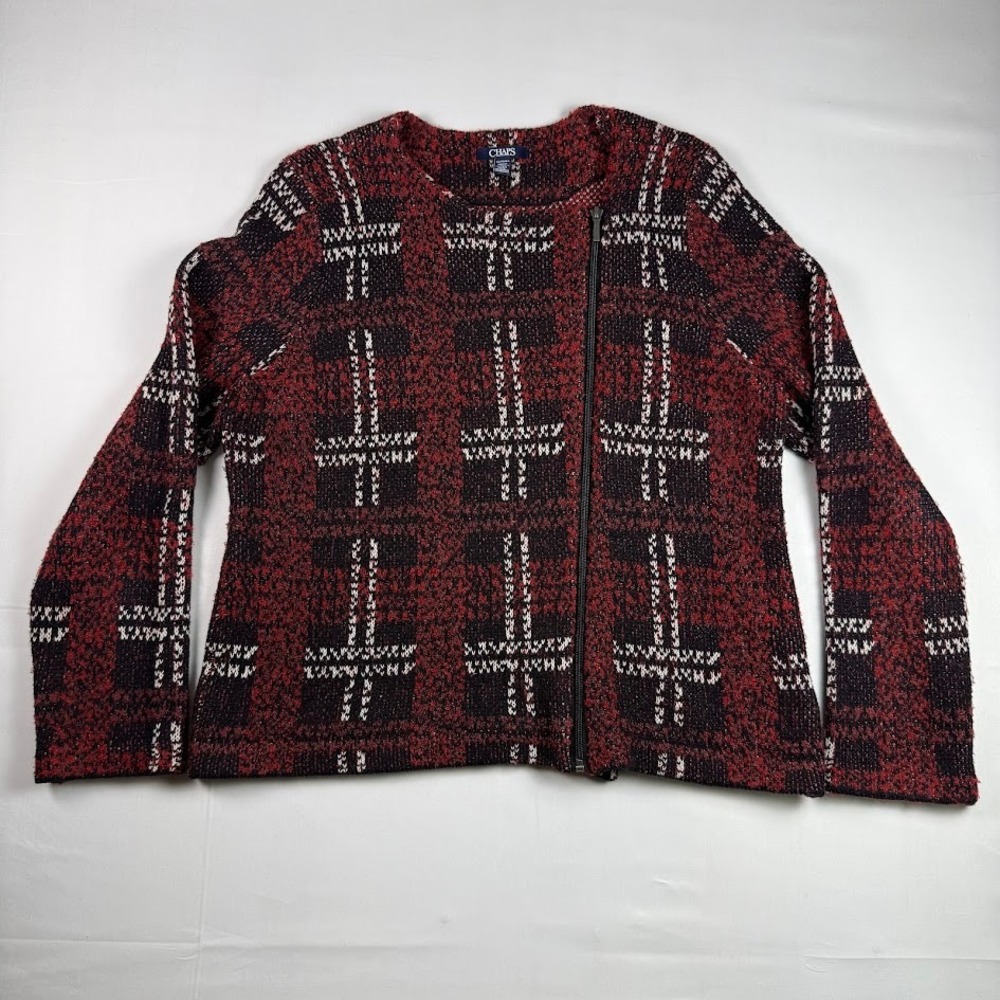 Chaps Womens XL Red Black Plaid Asymmetrical Zip Knit Cardigan Sweater